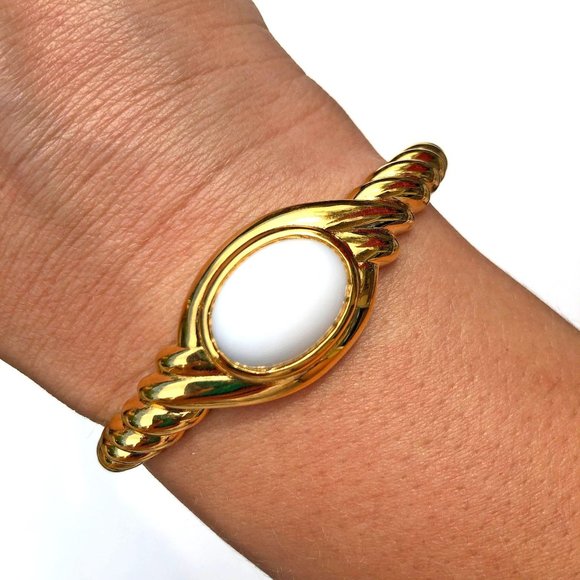 Gold Cable Bracelet with Milk Glass Cabochon